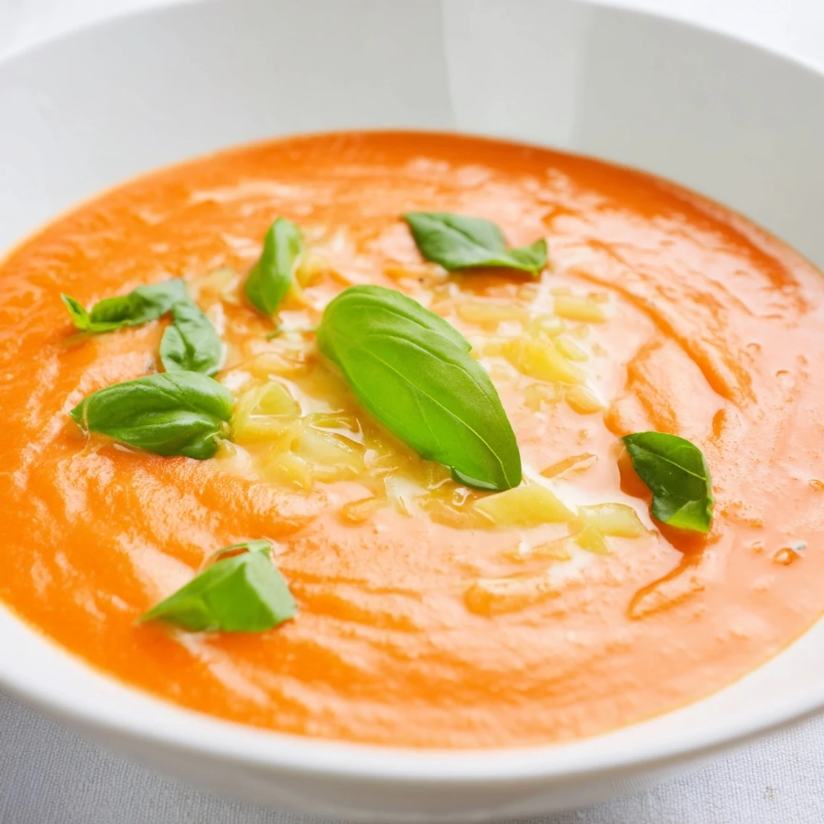 Creamy Tomato Soup with Fresh Basil served hot alongside grilled cheese for dipping.
