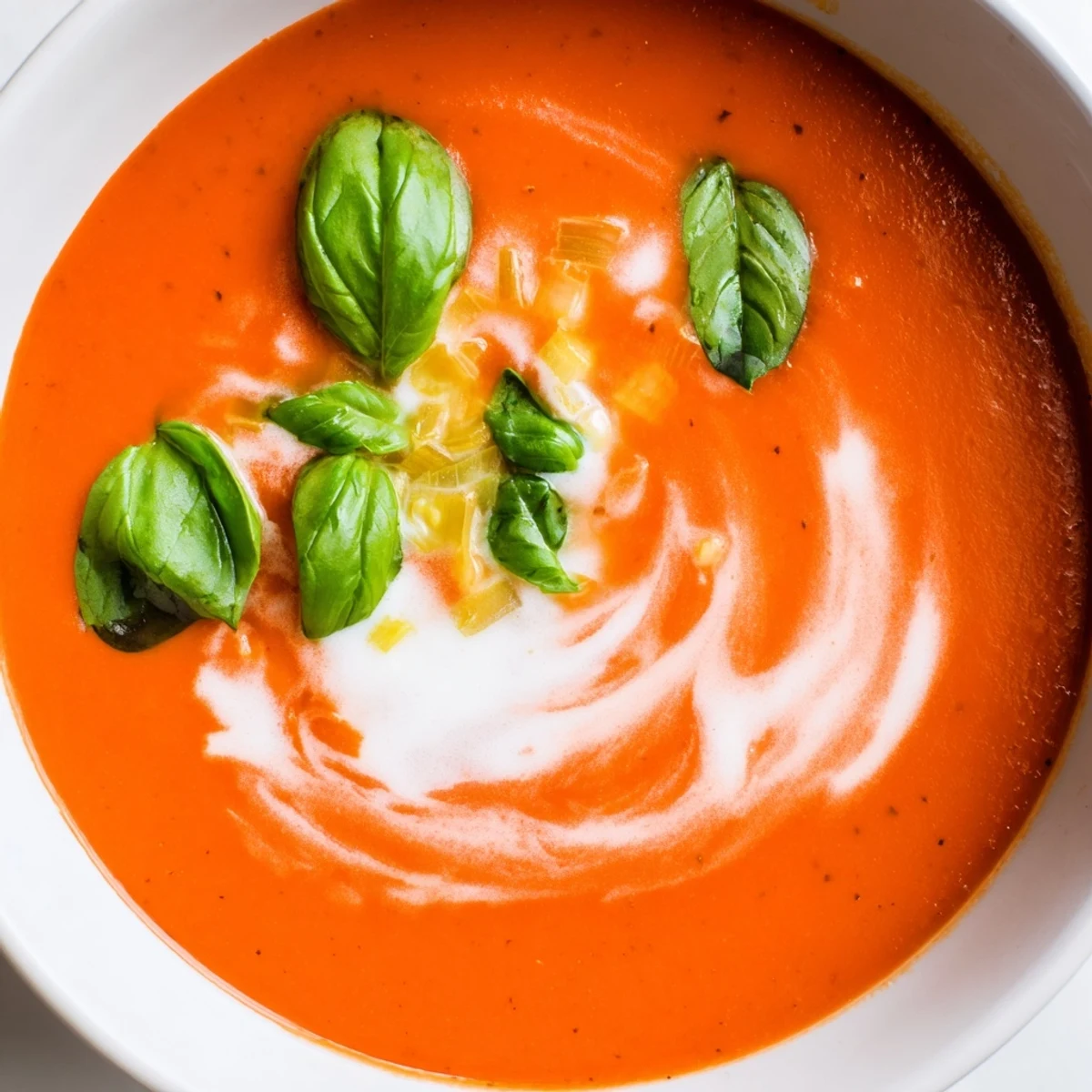 Glossy red Creamy Tomato Soup with Fresh Basil in a rustic bowl, garnished with basil.