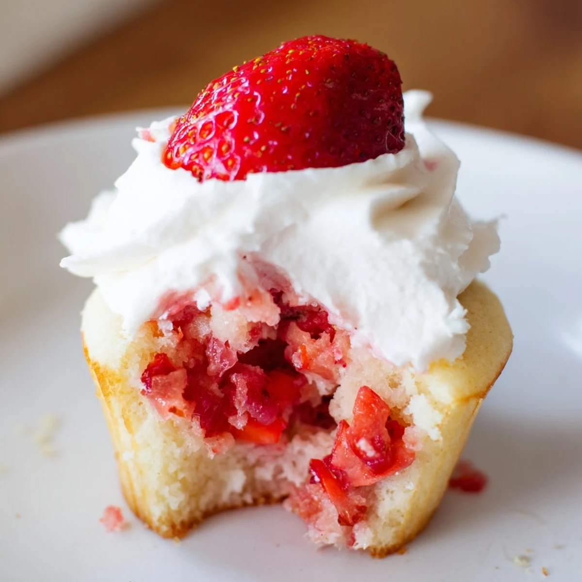 Moist vanilla Strawberry Shortcake Cupcakes are filled with juicy strawberries and swirled with fluffy whipped cream frosting, ready to serve.
