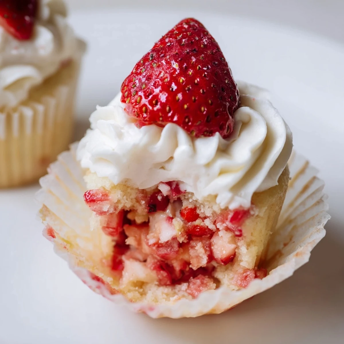These handheld Strawberry Shortcake Cupcakes feature a vibrant red filling and light white frosting, perfect for a summer gathering.