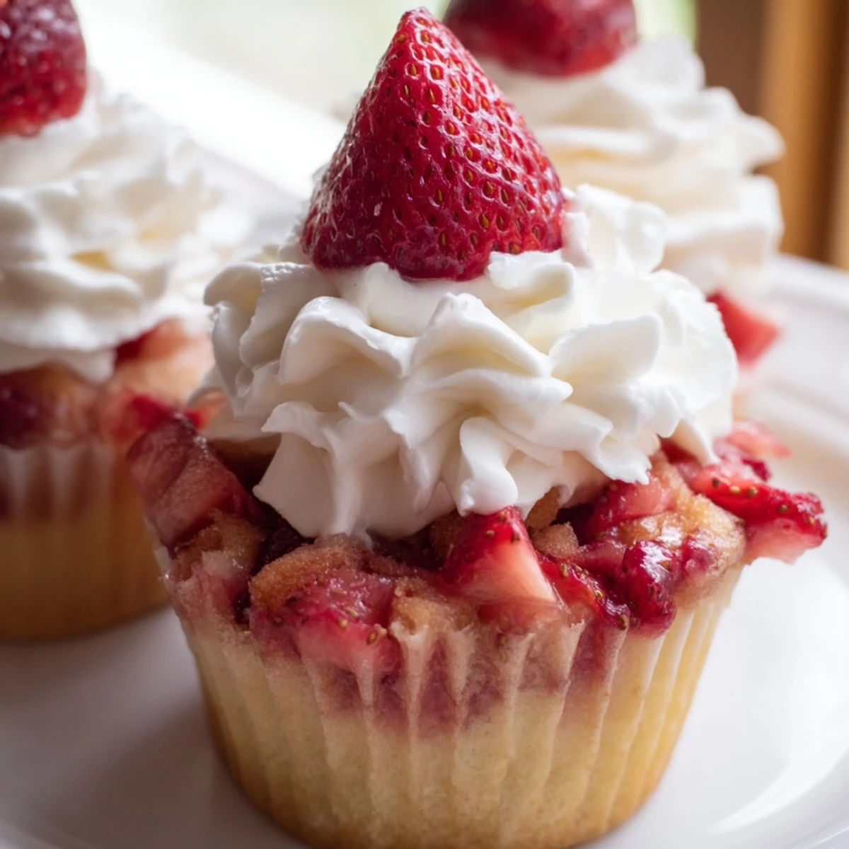 A close-up shows Strawberry Shortcake Cupcakes topped with fresh strawberry halves, capturing the classic dessert's sweet and creamy layers.