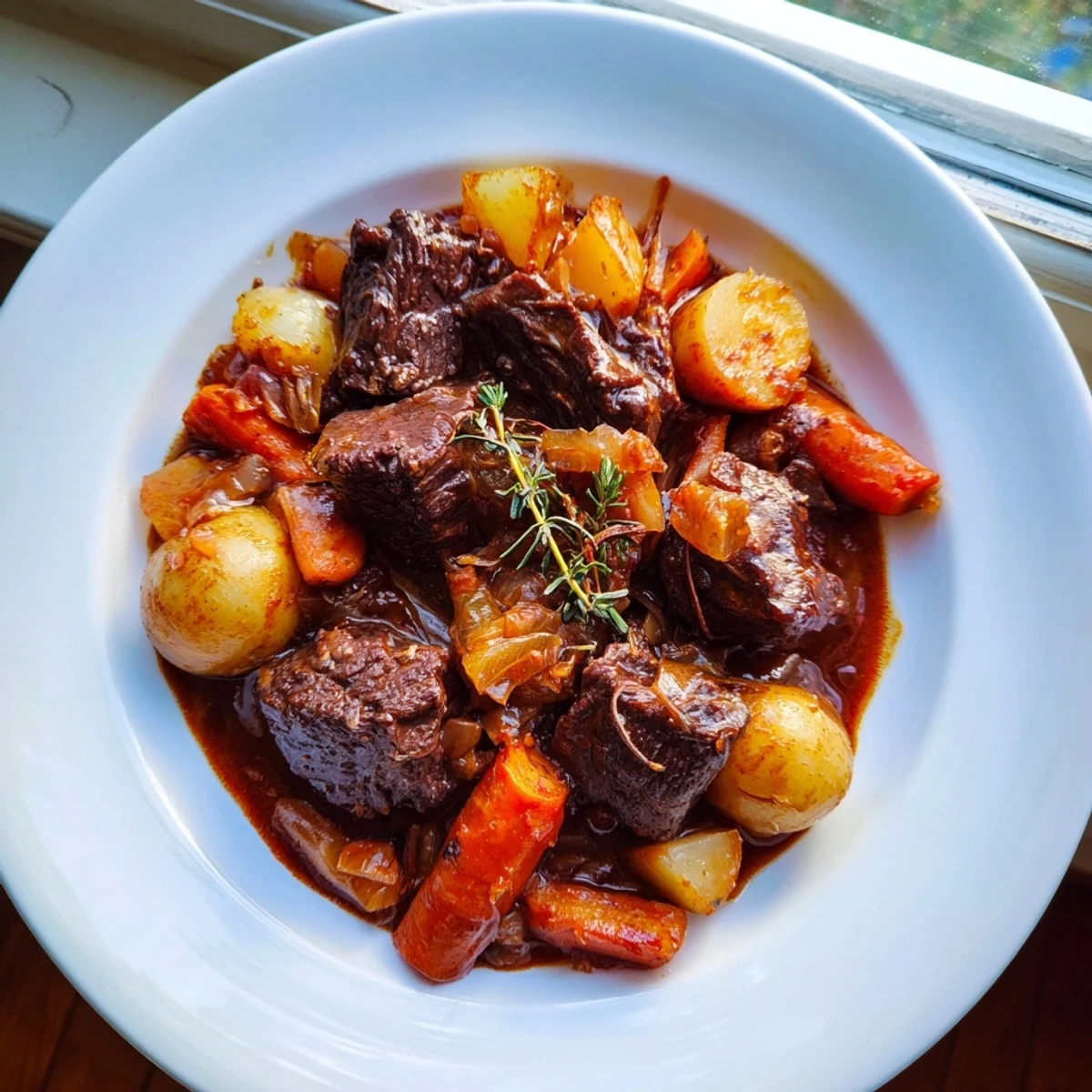A steaming bowl of Beef Stew with Root Vegetables and Herbs features tender beef chunks and colorful carrots alongside potatoes in a rich, aromatic broth.