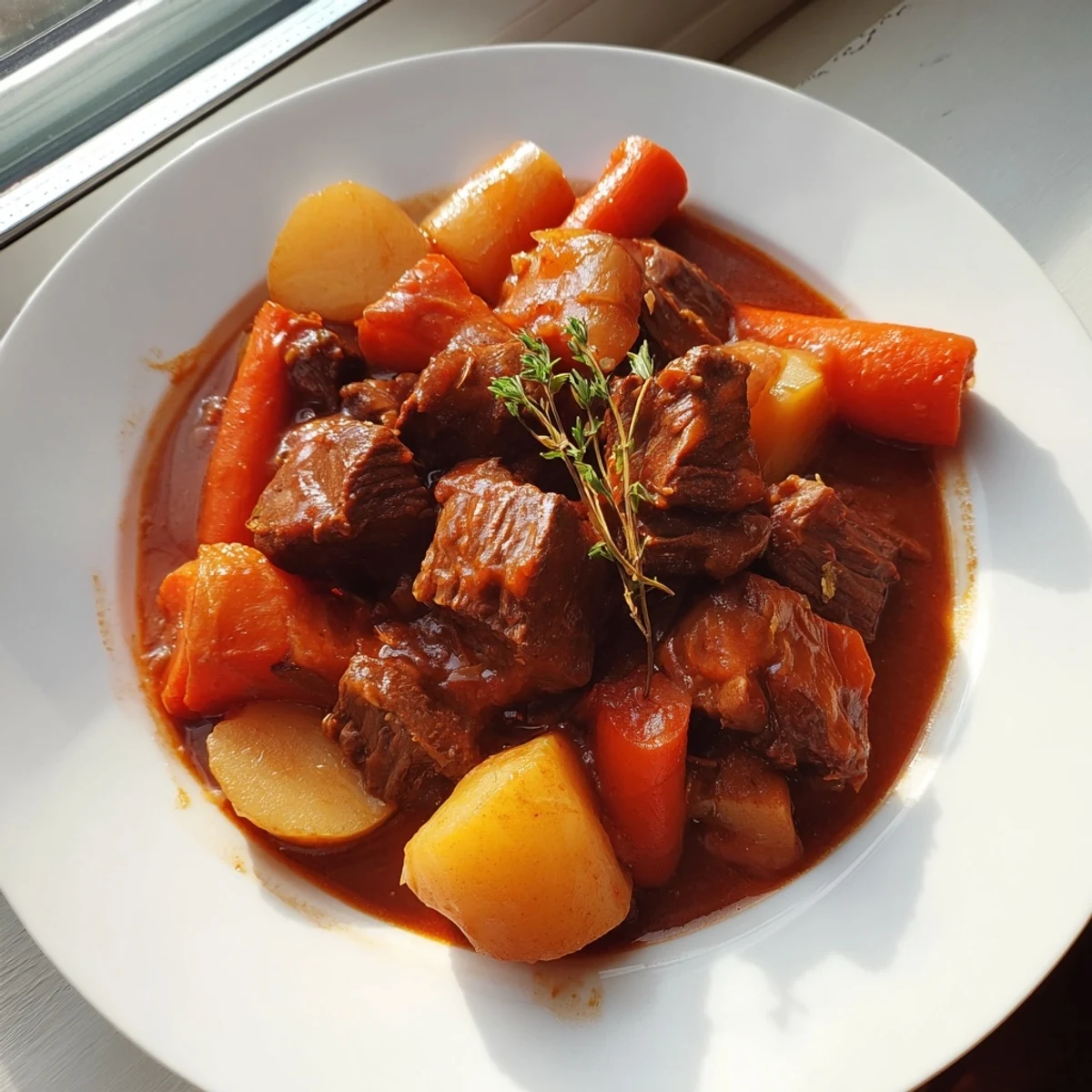 Beef Stew with Root Vegetables and Herbs served in a rustic white bowl with fresh thyme and crusty bread for a hearty comforting meal.