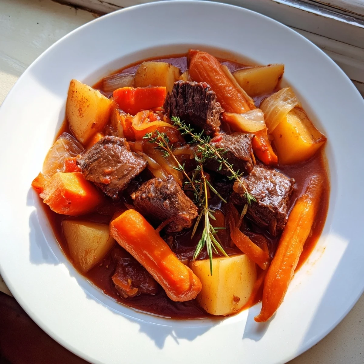 Close-up of Beef Stew with Root Vegetables and Herbs showing glossy red wine broth, chunky parsnips, and rosemary sprigs garnishing the savory dish.