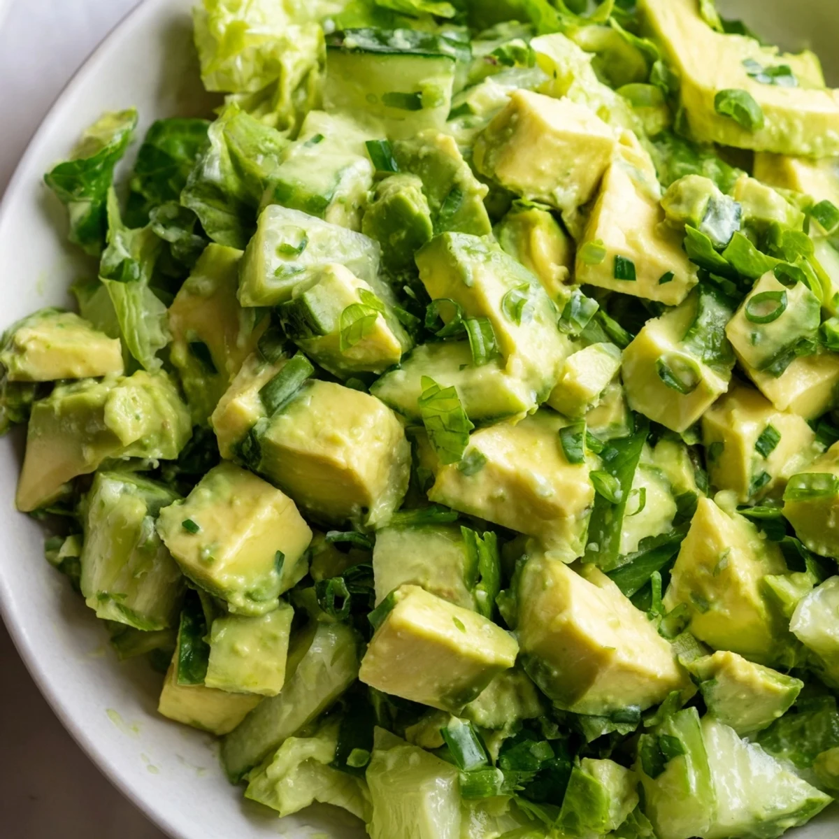The Green Goddess Salad with Avocado and Cucumber is tossed in a vibrant green dressing with fresh herbs like parsley and chives.  
