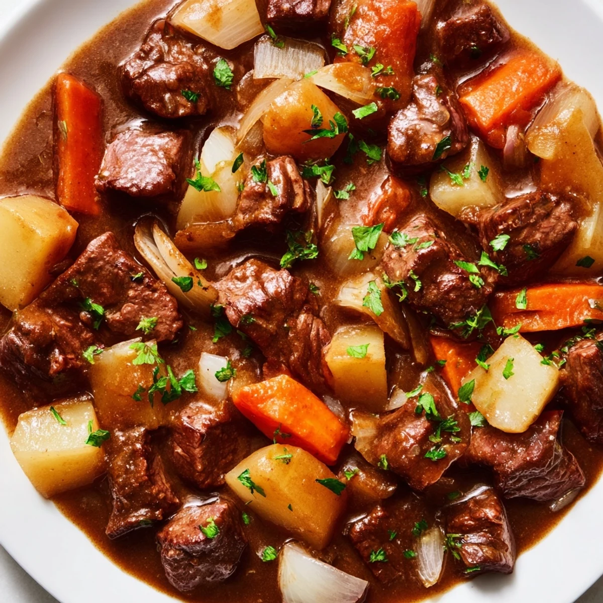 Tender beef chunks and colorful root vegetables simmer in a rich broth, garnished with fresh parsley for Beef Stew with Root Vegetables and Herbs.