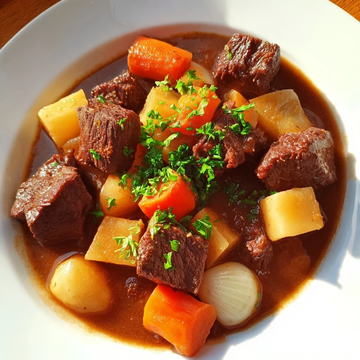 Serve Beef Stew with Root Vegetables and Herbs in rustic bowls with crusty bread for a comforting family meal.