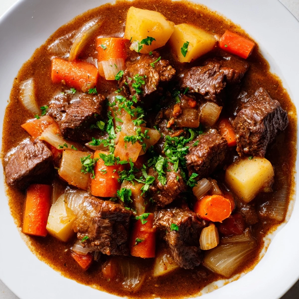 A steaming bowl of Beef Stew with Root Vegetables and Herbs showcases carrots, potatoes, and parsnips in a hearty, herb-infused gravy.