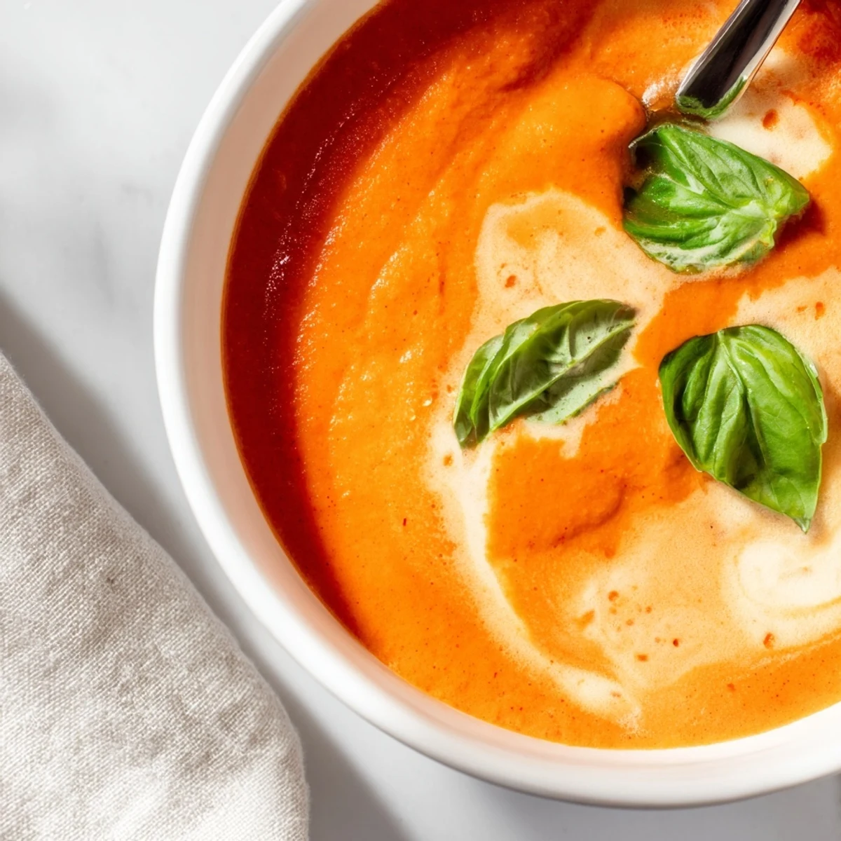 A close-up of Creamy Tomato Soup with Fresh Basil, its velvety texture highlighted by a swirl of cream and fresh herbs.