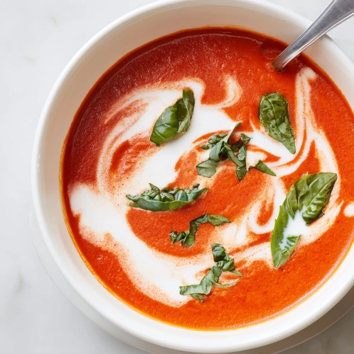 Creamy Tomato Soup with Fresh Basil ladled into a white bowl, steam rising, with crusty bread ready for dipping nearby.