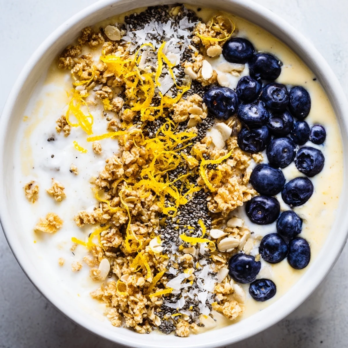 A close-up of a Lemon Blueberry Smoothie Bowl with Granola, showing creamy purple smoothie and crunchy granola bits.