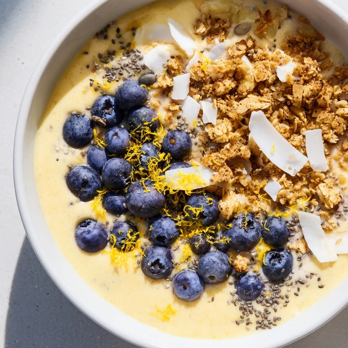 Spoon diving into a Lemon Blueberry Smoothie Bowl with Granola, revealing a thick and creamy blueberry texture inside.