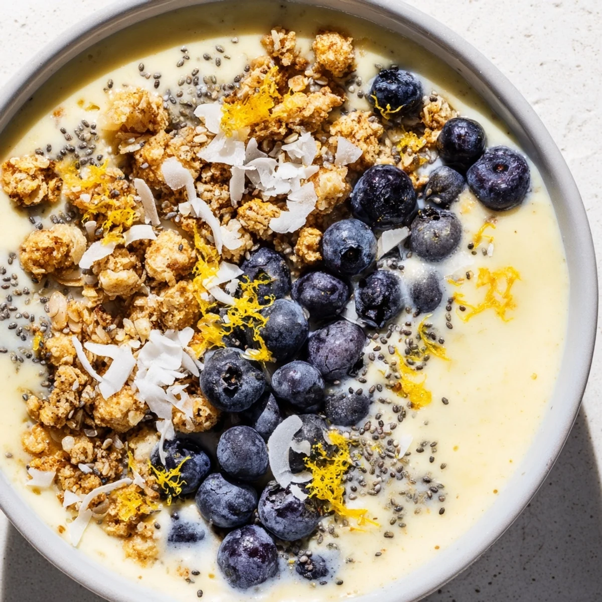 Overhead view of two Lemon Blueberry Smoothie Bowl with Granola bowls, topped with fresh blueberries and coconut flakes.