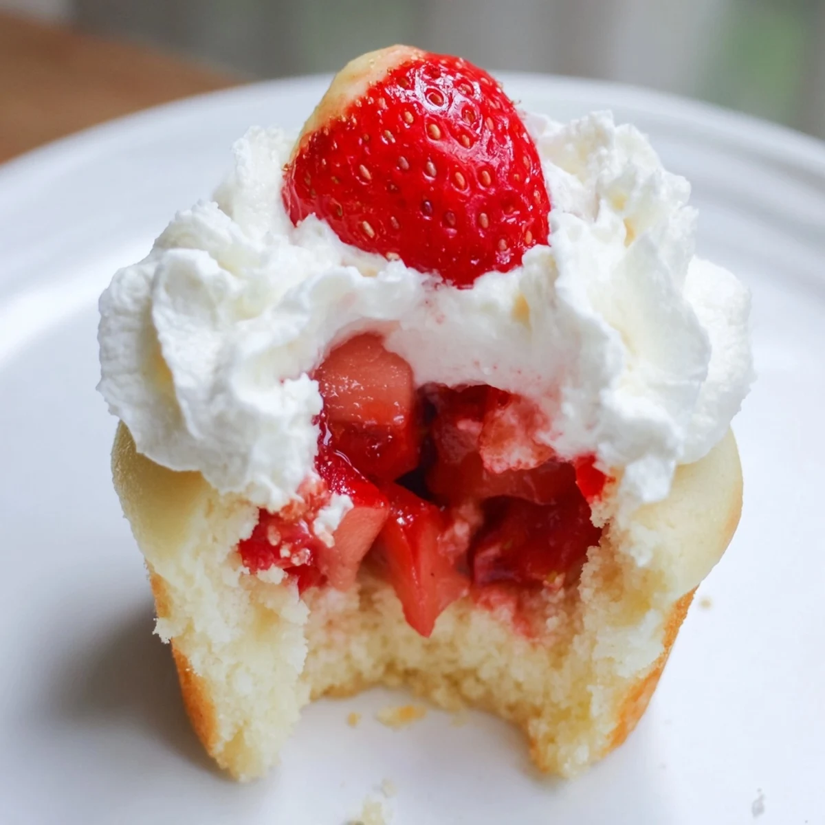 Freshly baked Strawberry Shortcake Cupcakes with whipped cream frosting and halved strawberries on top.