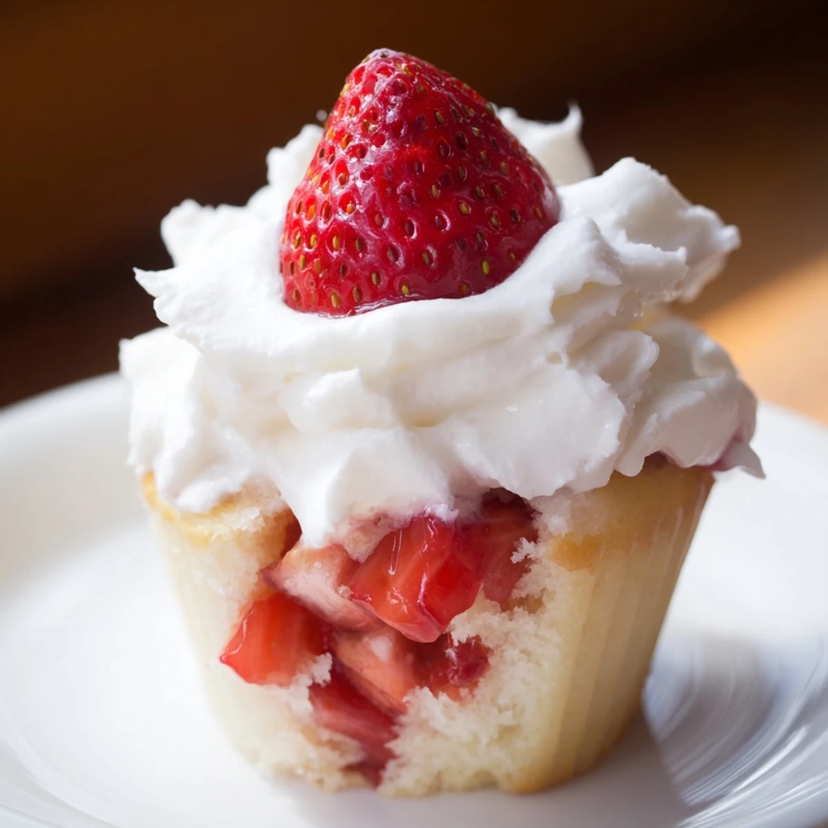 Strawberry Shortcake Cupcakes topped with fluffy frosting and a fresh strawberry garnish.
