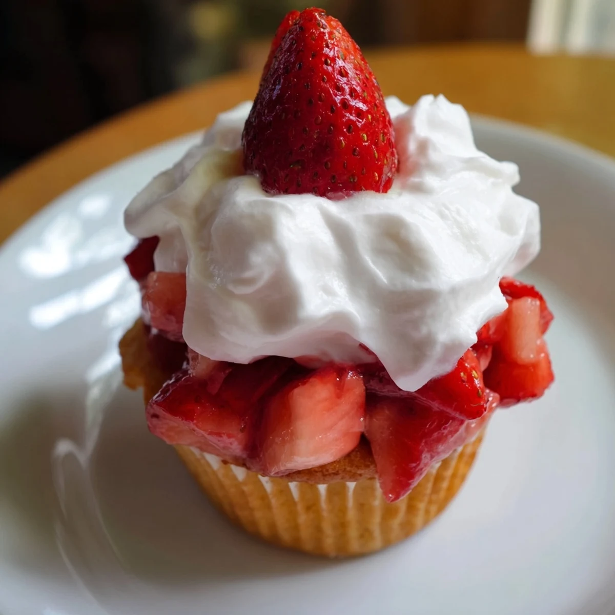 Strawberry Shortcake Cupcakes ready to serve with a luscious whipped cream swirl.