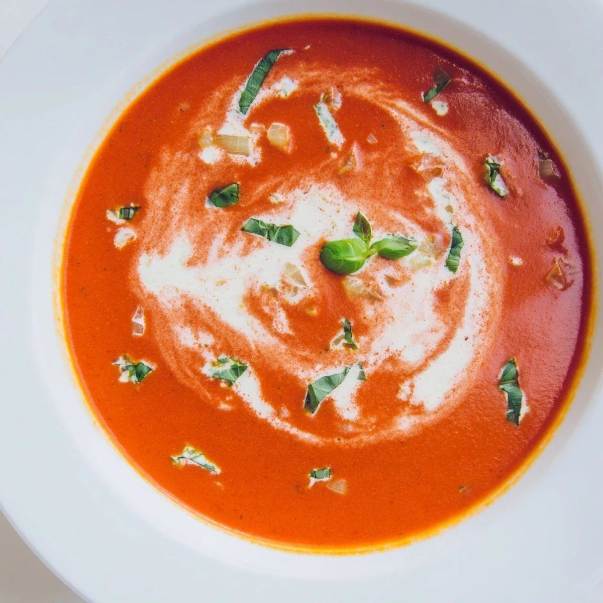 Creamy Tomato Soup with Basil in a rustic bowl, garnished with fresh basil and a swirl of cream.