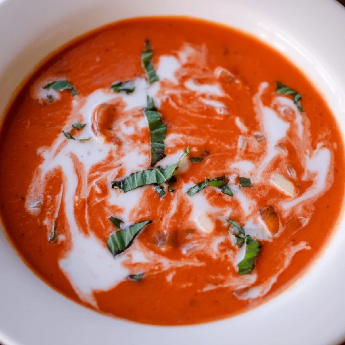 A close-up of velvety Creamy Tomato Soup with Basil beside grilled cheese and crusty bread for dipping.