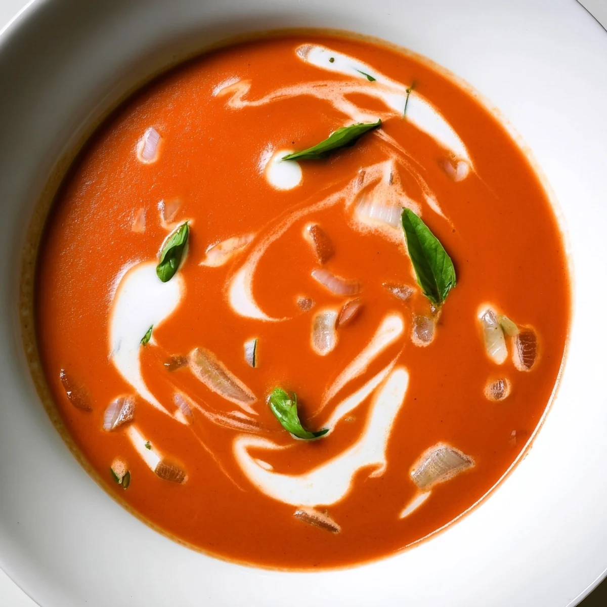 Steam rises from a vibrant red bowl of Creamy Tomato Soup with Basil, highlighting its smooth texture.