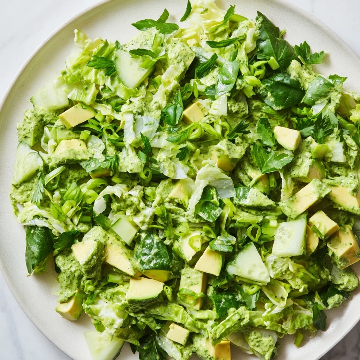 Freshly tossed Green Goddess Salad with avocado, cucumbers, and creamy dressing in a white bowl.