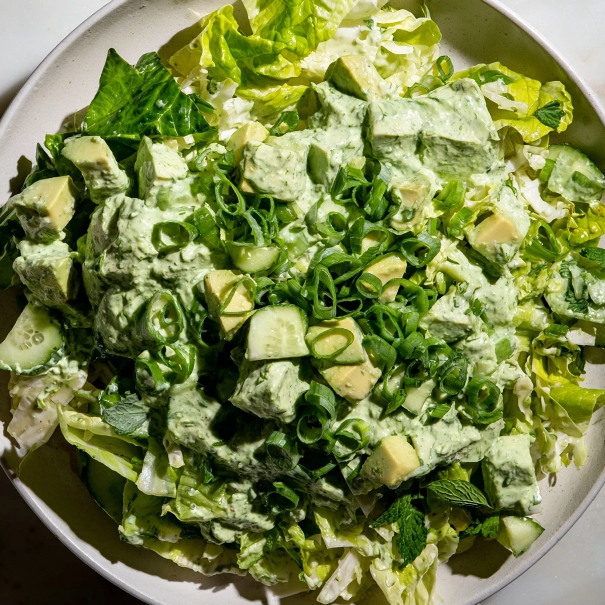 Healthy Green Goddess Salad in a serving dish, ready for a light vegetarian lunch outdoors.