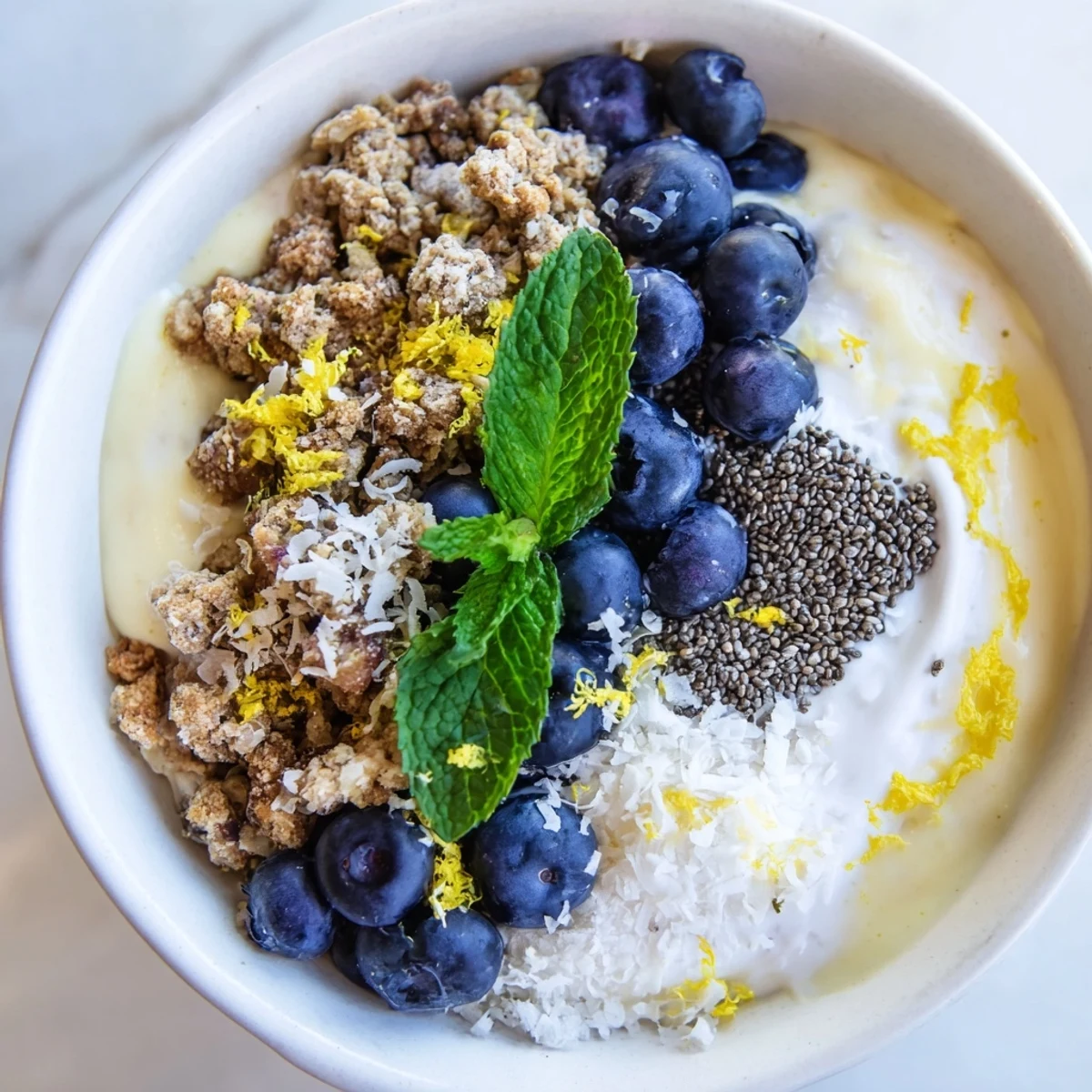 Close-up of a Lemon Blueberry Smoothie Bowl topped with granola, chia, and mint.