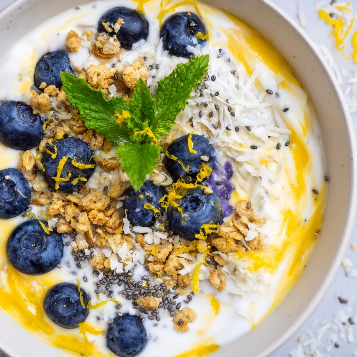 Lemon Blueberry Smoothie Bowl served in a bowl with fresh berries and coconut flakes.