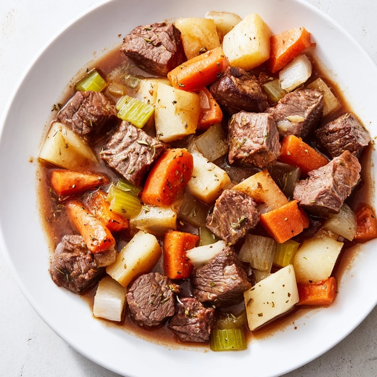 Steaming Beef Stew with Root Vegetables in a rustic Dutch oven, featuring tender beef and colorful carrots, potatoes, and turnips in a rich broth.