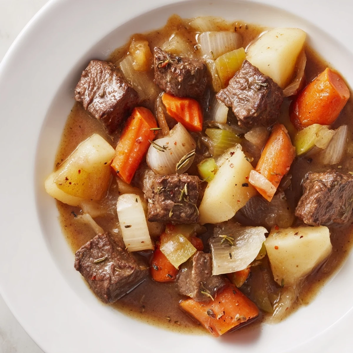 Tender beef cubes and root vegetables in a savory Beef Stew with Root Vegetables, served in a deep bowl garnished with fresh parsley.
