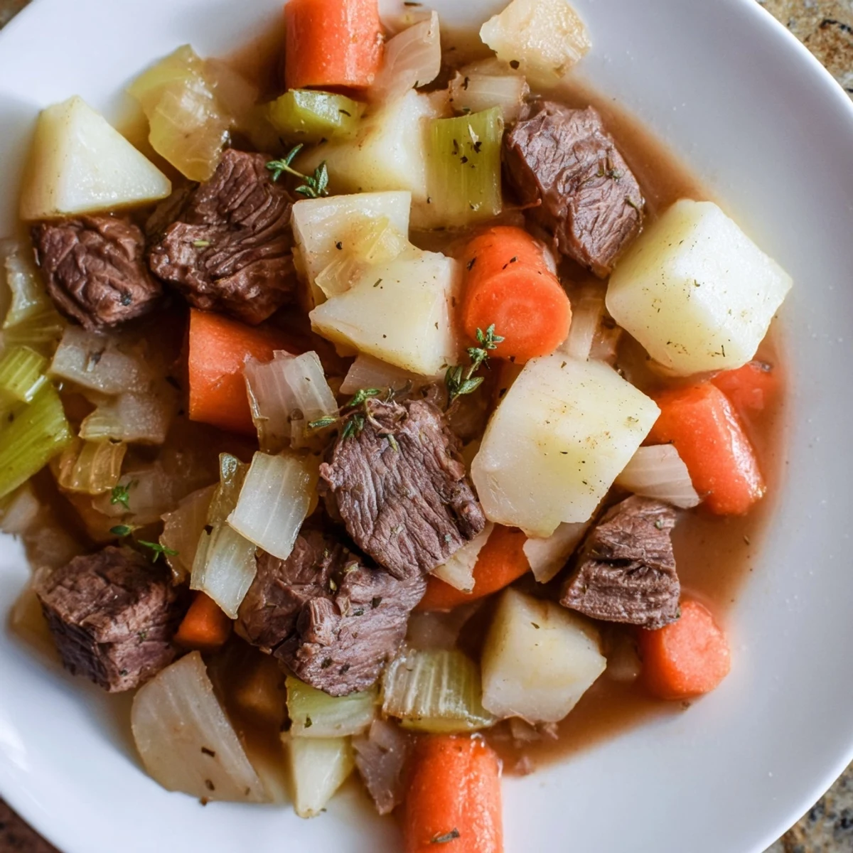 Hearty and comforting Beef Stew with Root Vegetables bubbling in a pot, surrounded by crusty bread slices perfect for dipping into the broth.
