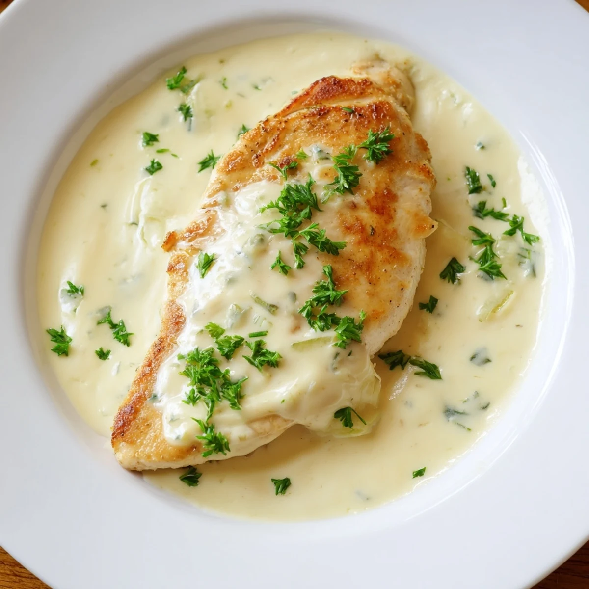 Golden brown chicken breasts swimming in a creamy, garlicky Boursin cheese sauce served with fresh parsley garnish.