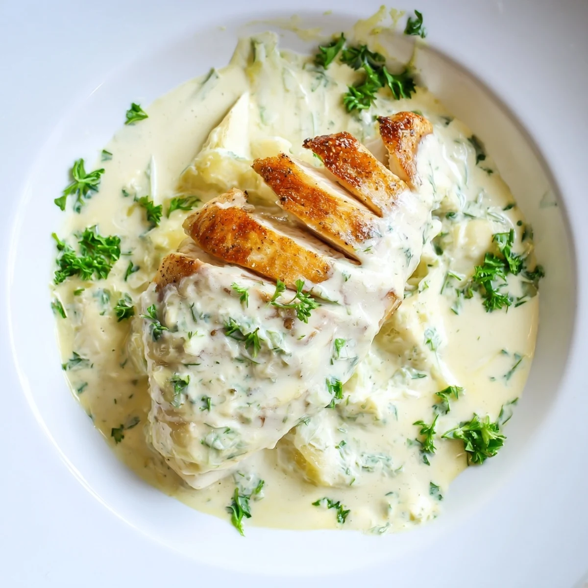 Close-up of Creamy Boursin Chicken ready to eat, perfect with green beans and mashed potatoes on the side.