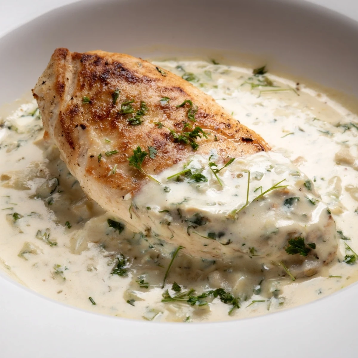 A skillet of tender Creamy Boursin Chicken simmering in a rich, herb-infused sauce, ideal for weeknight dinners.