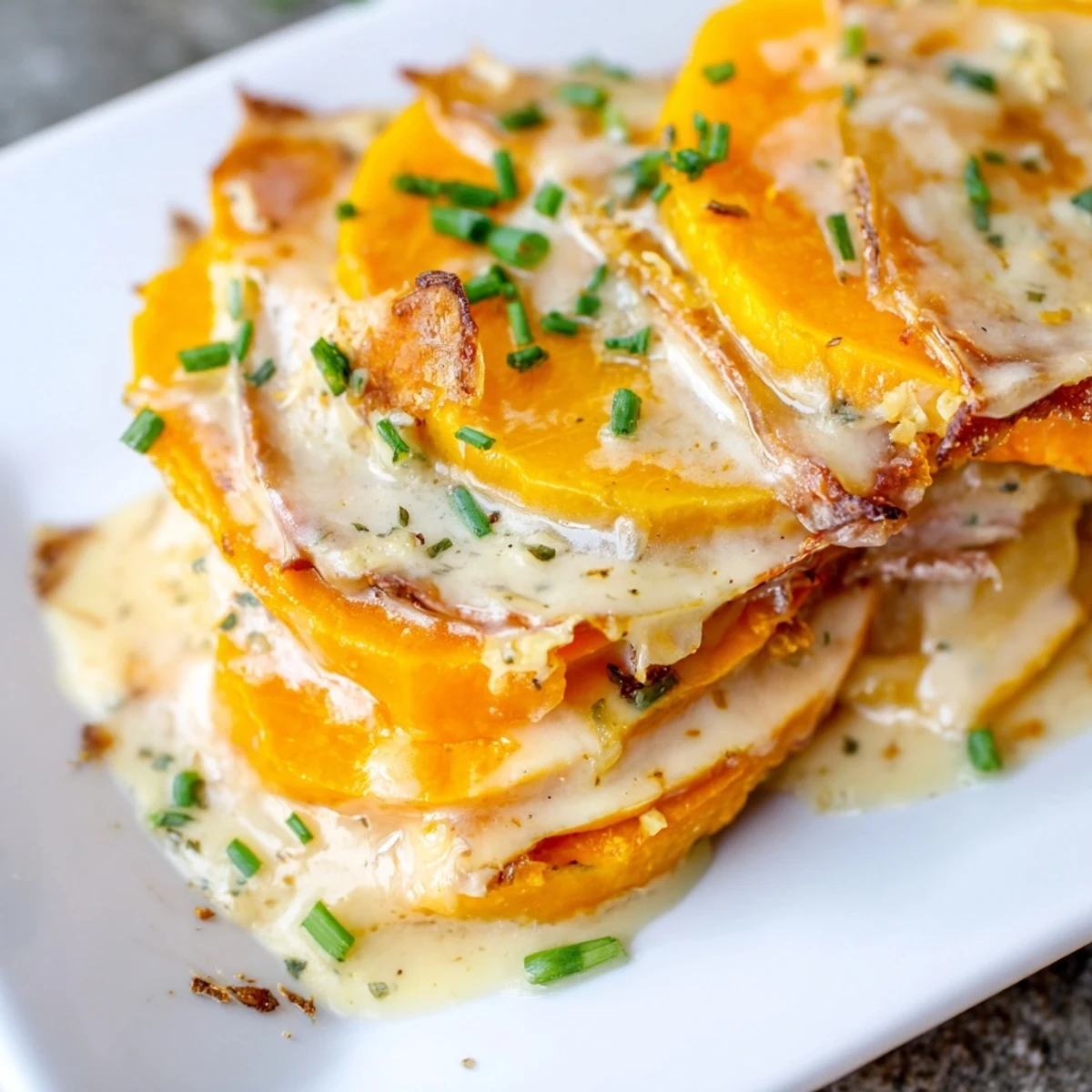A close-up of Cheesy Sweet Potato Gratin with Caramelized Onions Delight, showcasing golden, bubbly cheese atop tender sweet potato layers.