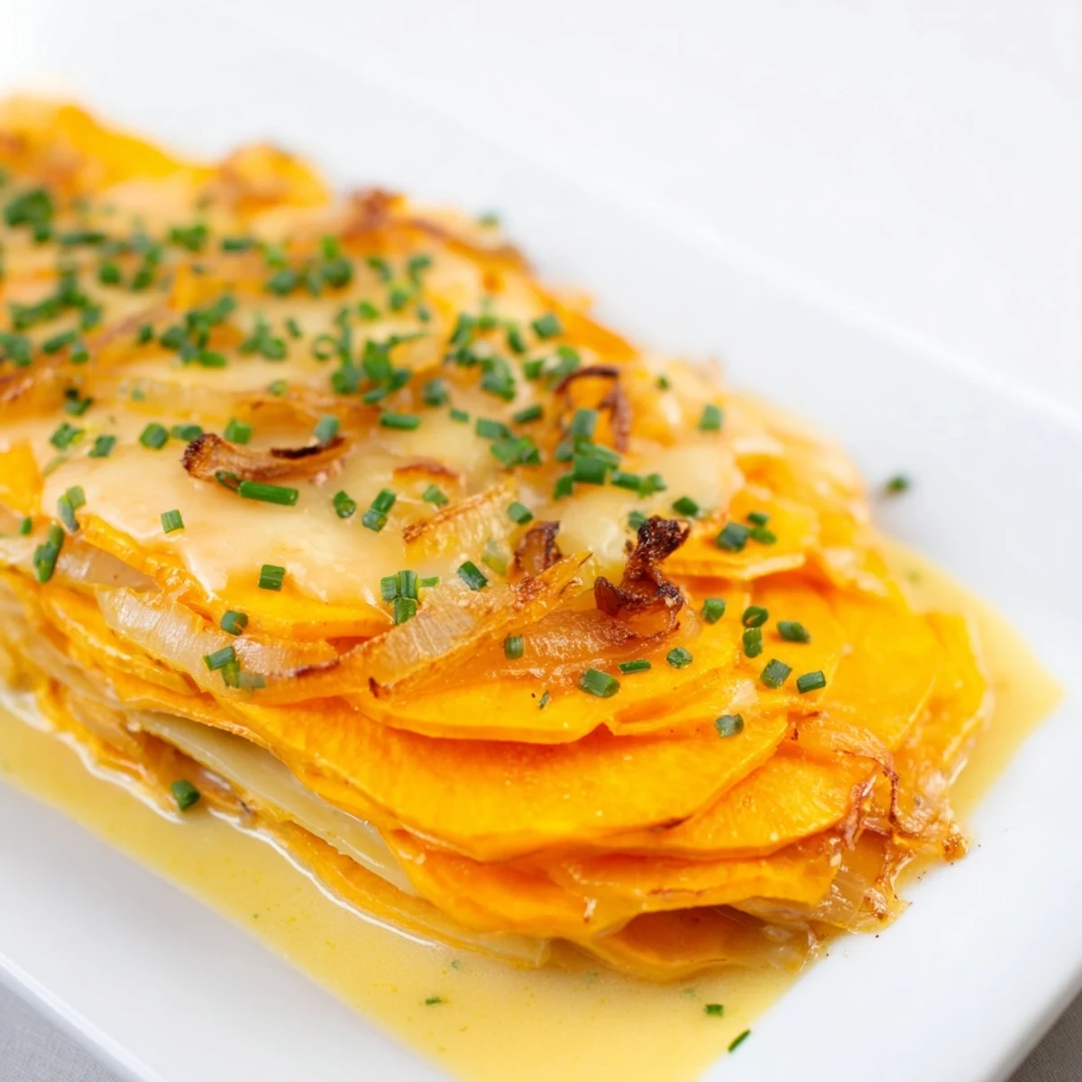 Overhead view of baked Cheesy Sweet Potato Gratin with Caramelized Onions Delight, highlighting the creamy texture and deep caramelized onion swirls.