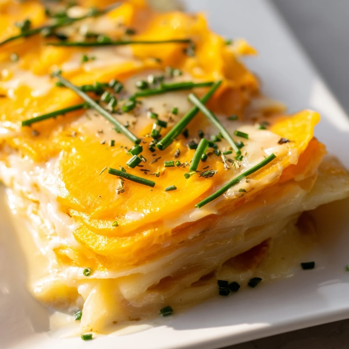 Serving suggestion for Cheesy Sweet Potato Gratin with Caramelized Onions Delight, presented in a rustic baking dish garnished with fresh chives.