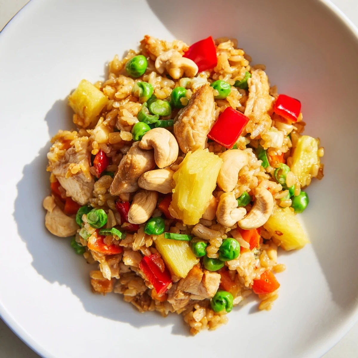 A serving of Pineapple Chicken Fried Rice topped with fresh green onions and a lime wedge for zest.