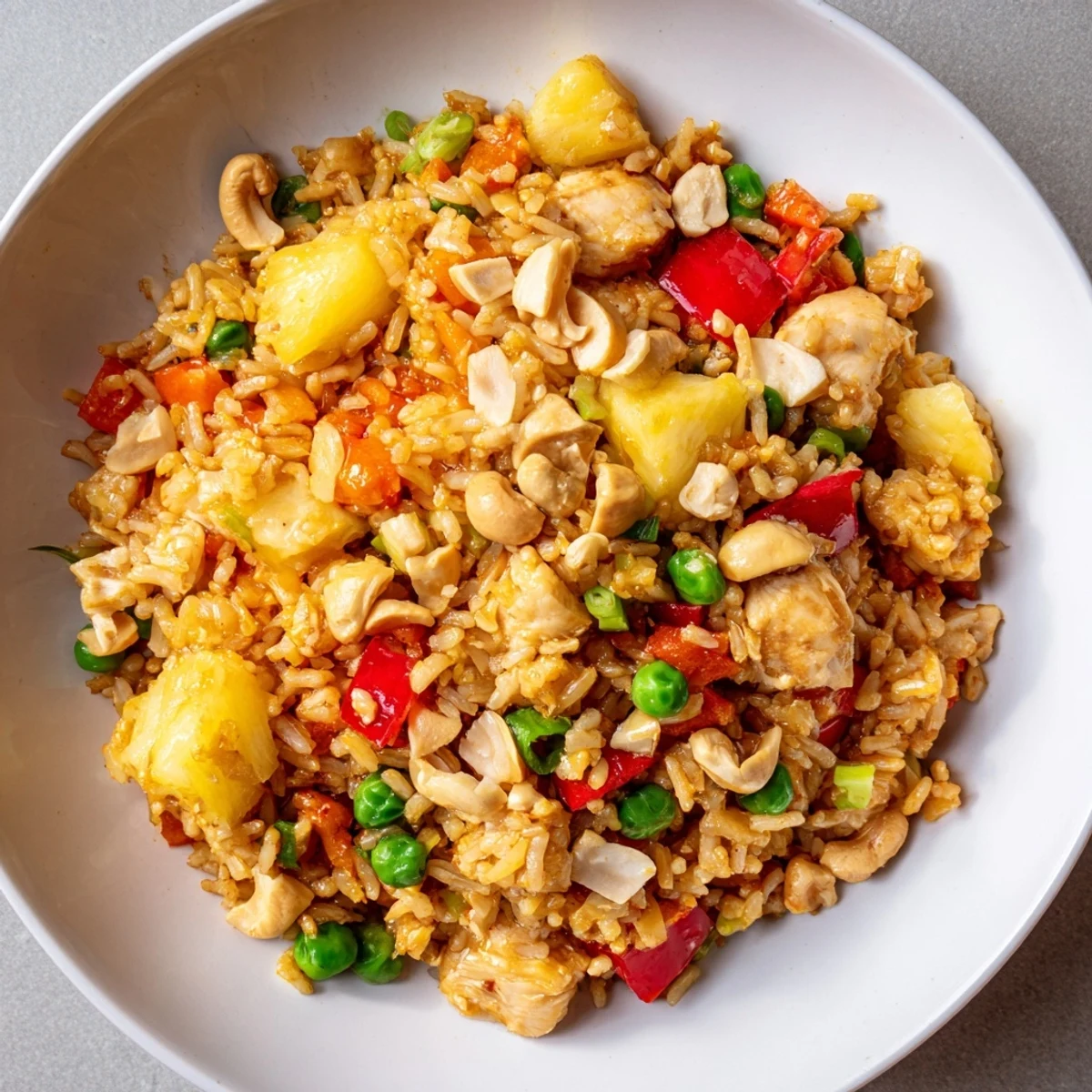 Close-up of Pineapple Chicken Fried Rice showing golden rice, diced pineapple, and roasted cashews on a white plate.