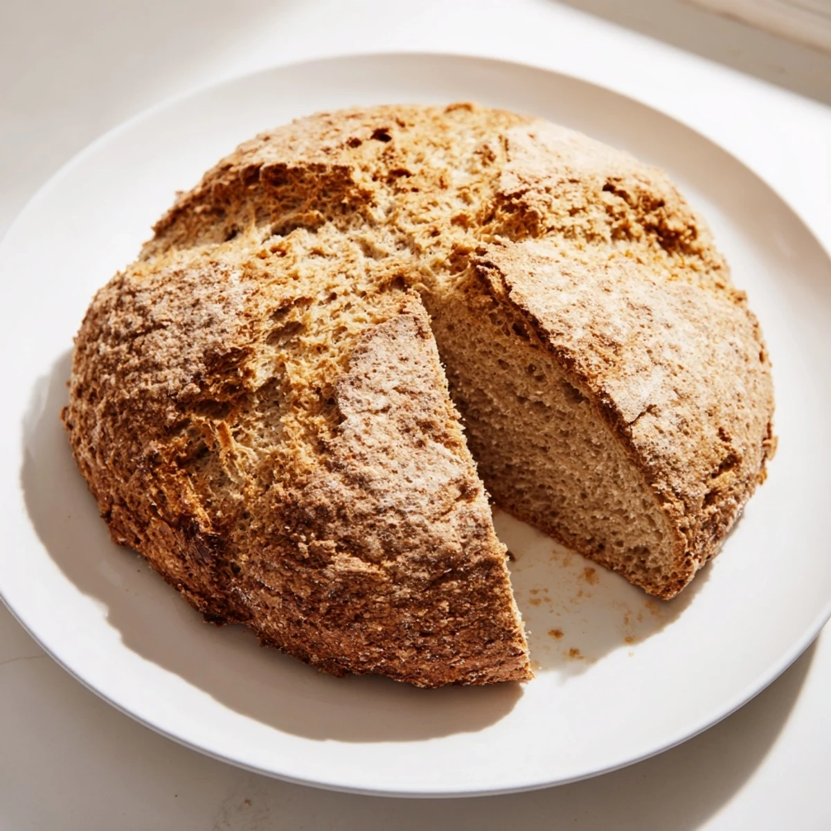 The finished Authentic 4-Ingredient Irish Soda Bread rests on a wooden board, showcasing a deep golden crust and a cross cut on top.  