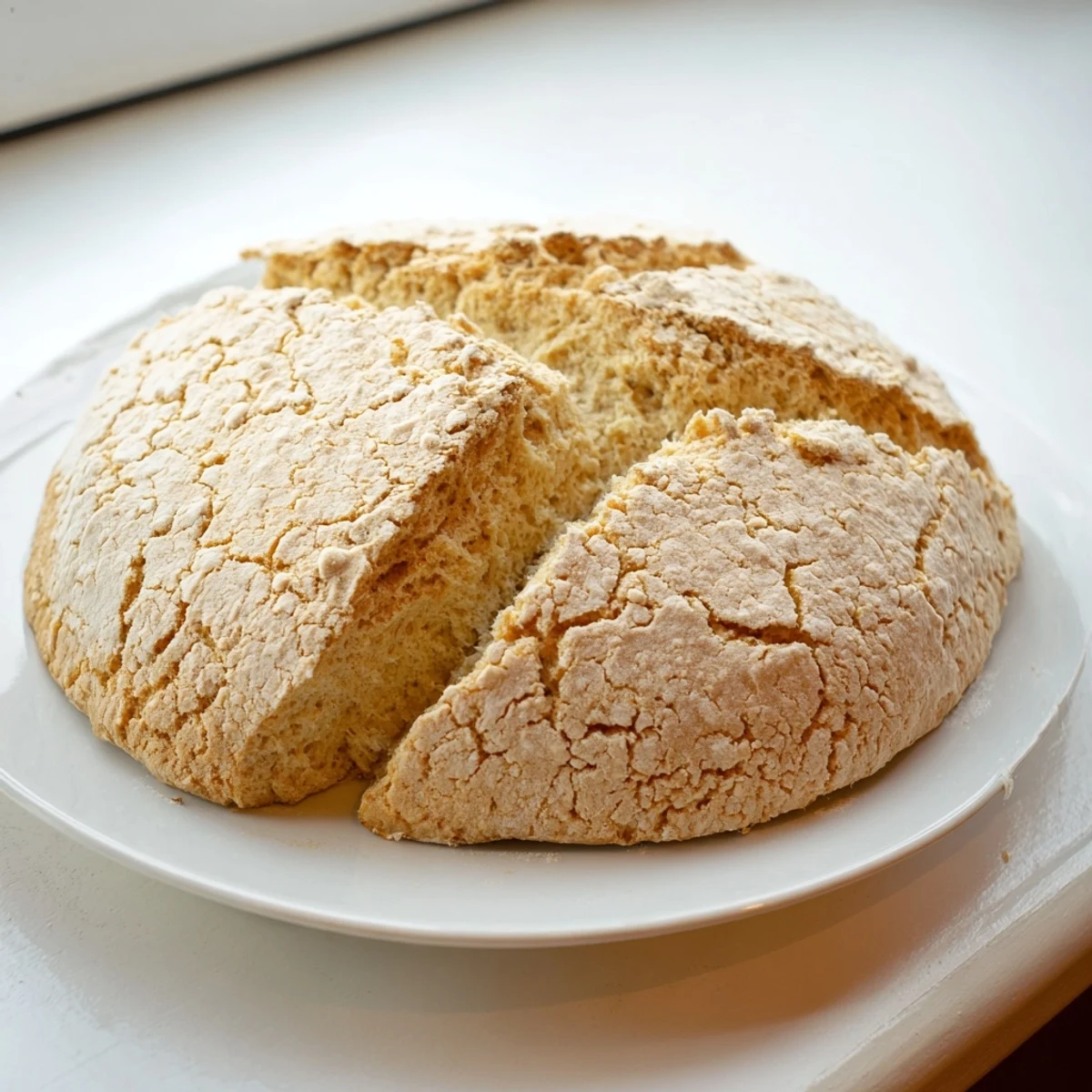 A rustic Authentic 4-Ingredient Irish Soda Bread loaf sits on a cooling rack, steam rising slightly from the crisp, flour-dusted surface.