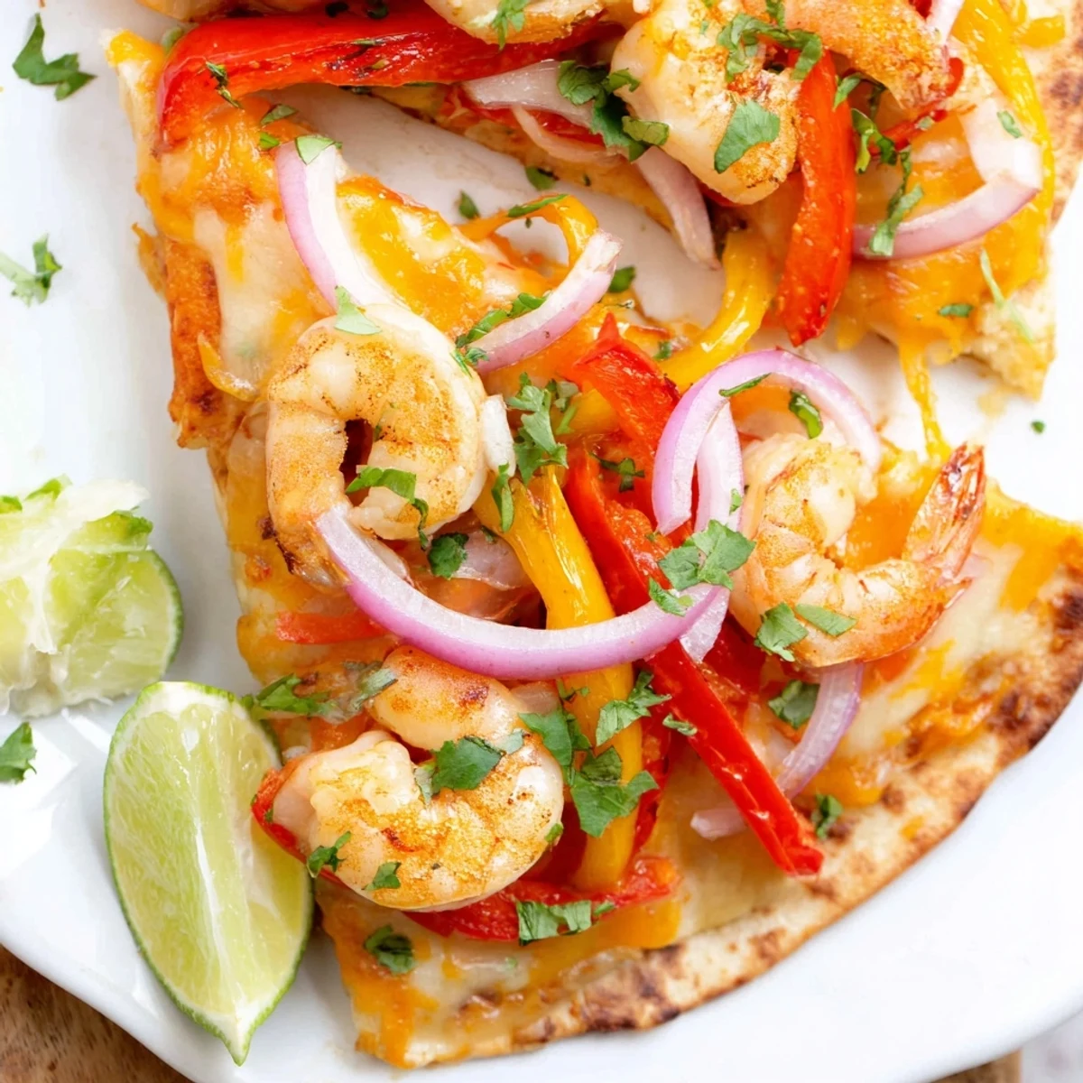 Golden-baked Shrimp Fajita Sheet Pan Quesadillas are filled with melted cheese and colorful roasted peppers on a baking sheet.
