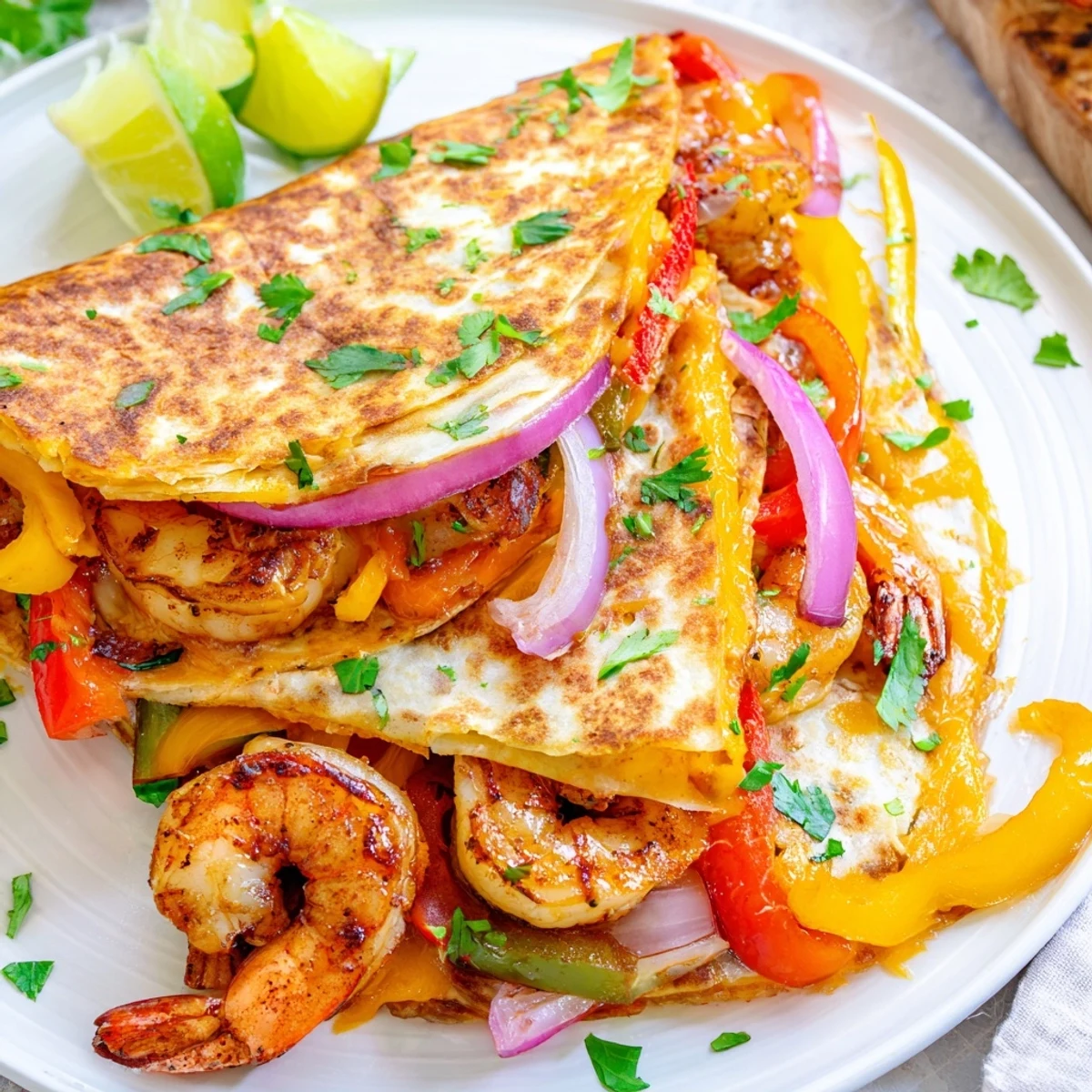 Juicy shrimp and sautéed peppers create a crispy Tex-Mex quesadilla perfect for a family dinner.