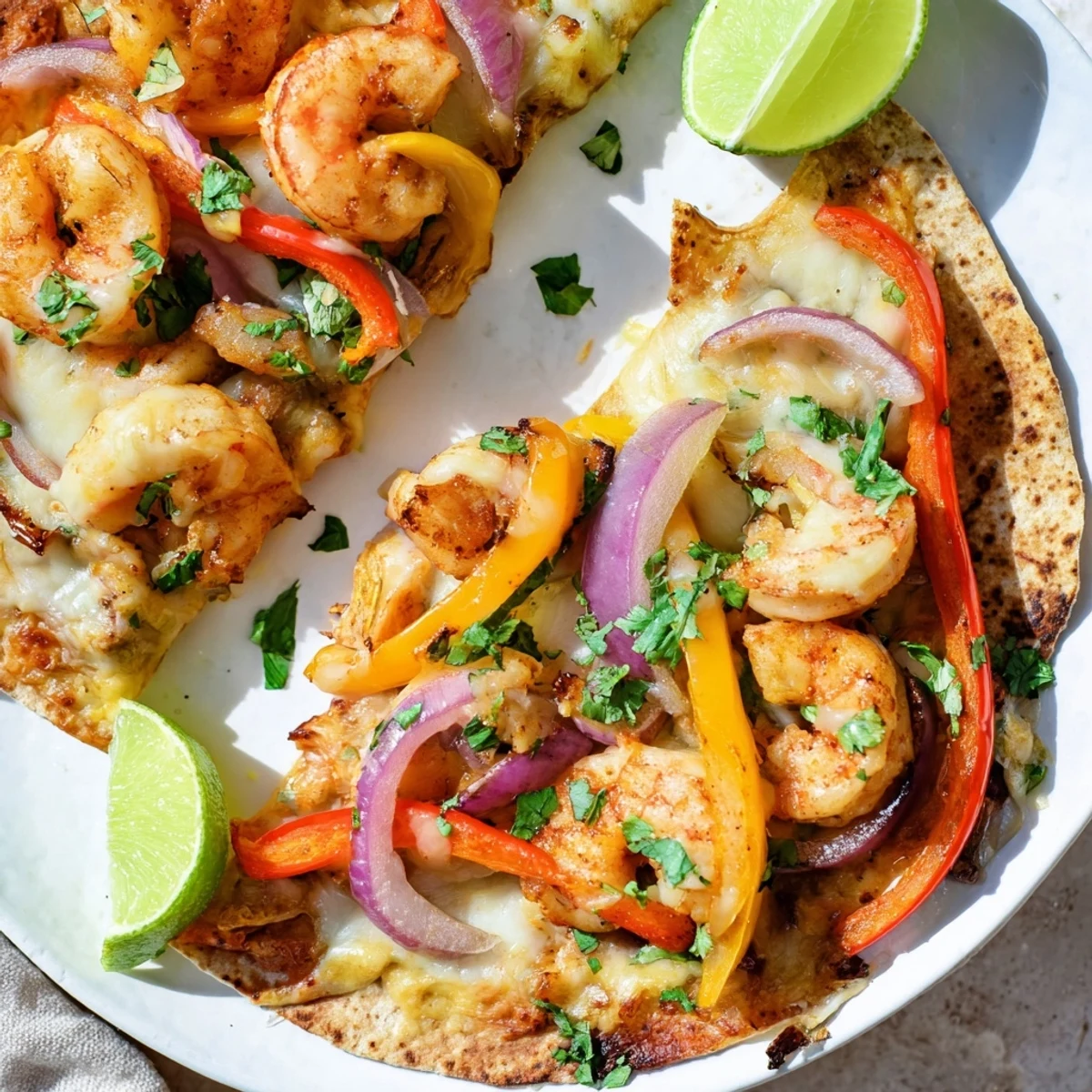 Serve these sizzling Shrimp Fajita Sheet Pan Quesadillas with sour cream and sliced avocado for dipping.