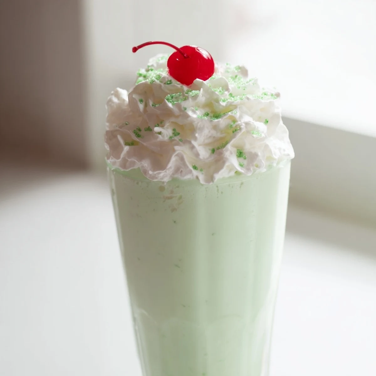 A close-up of green minty Homemade Copycat Shamrock Shake in a glass with green sprinkles on whipped cream, perfect for St. Patrick's Day.