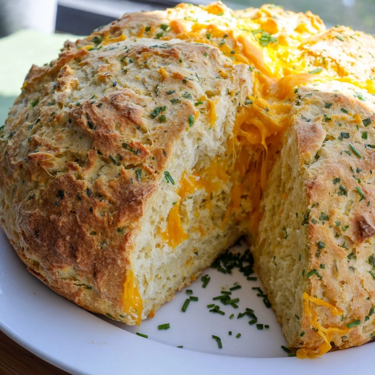 A rustic, golden Savory Herbed Cheddar Irish Soda Bread loaf with melted cheddar flecks and fresh green herbs on a cutting board.