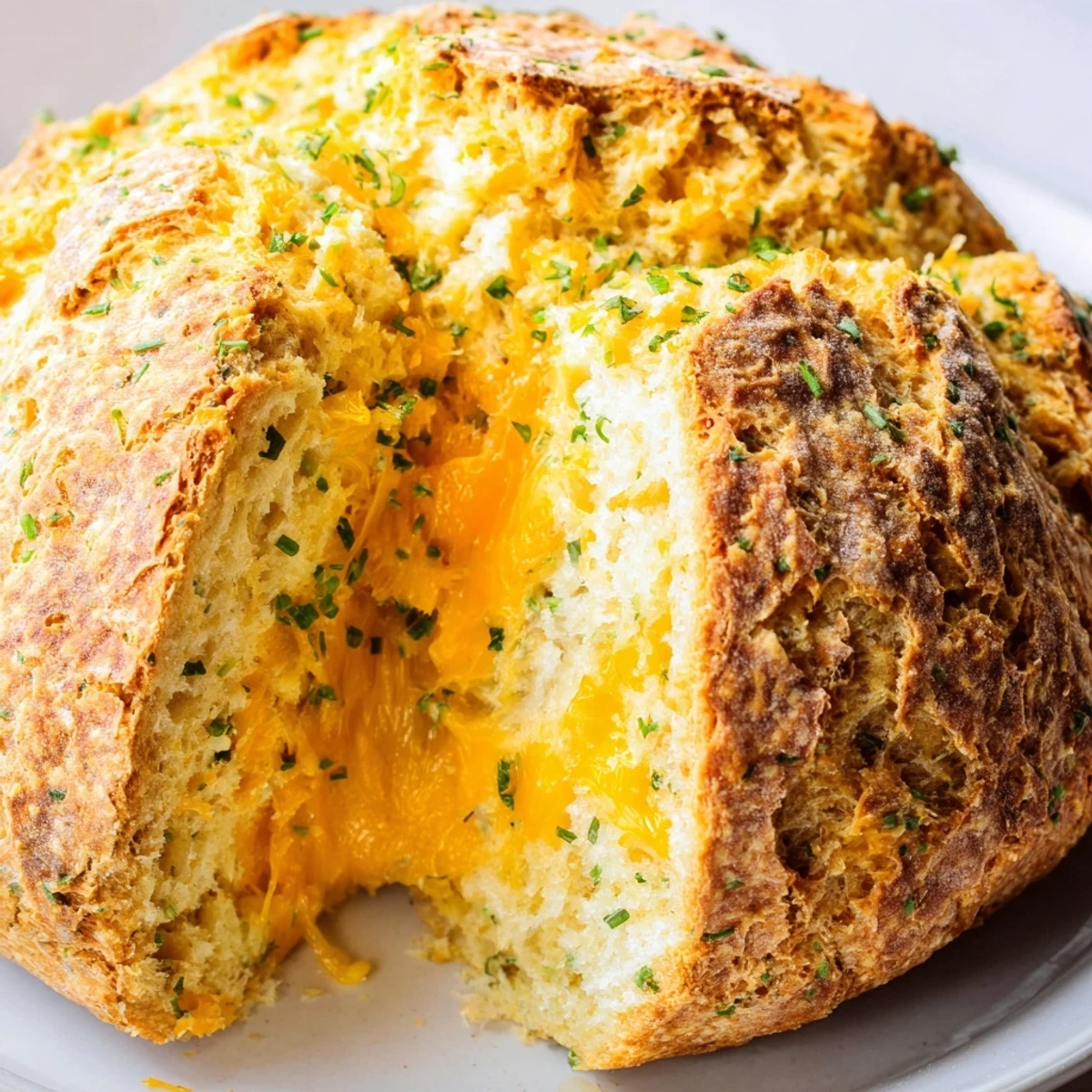Freshly baked Savory Herbed Cheddar Irish Soda Bread sliced to reveal a tender, cheesy crumb, served warm beside a steaming bowl of soup.
