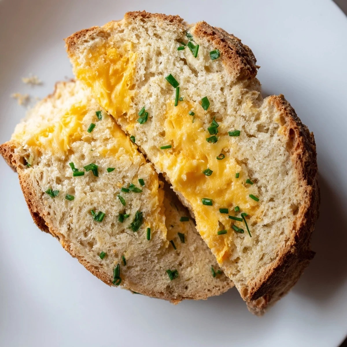 Golden Savory Cheddar & Chive Irish Soda Bread loaf on a rustic wooden board with a slice cut out to show the tender crumb.  