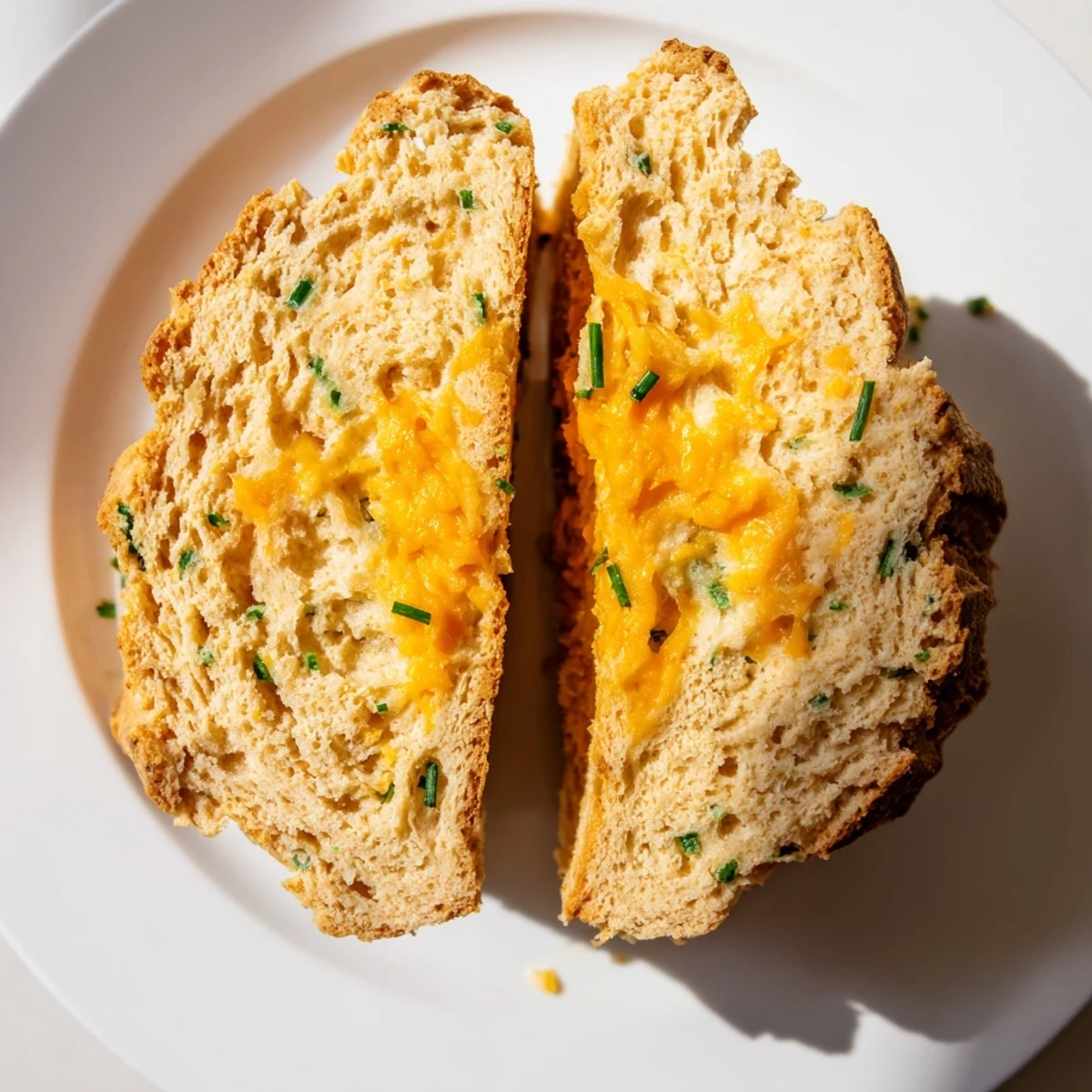 Freshly baked Savory Cheddar & Chive Irish Soda Bread with a deep X cut on top and chive flecks visible.
