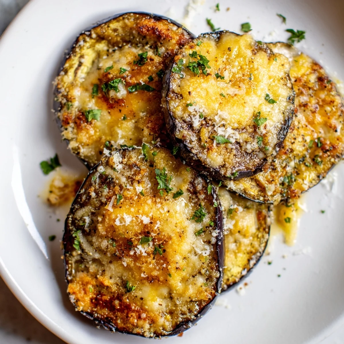 Golden roasted eggplant slices topped with crispy Parmesan and herbs on a white plate, served as a Mediterranean appetizer with lemon wedges.