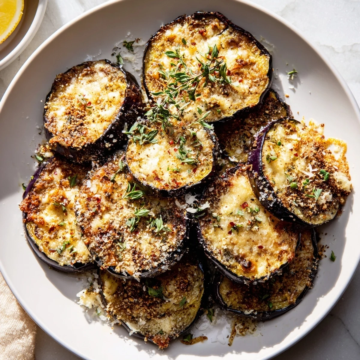 Mediterranean Roasted Eggplant & Parmesan Crisps garnished with fresh basil, stacked on a rustic wooden board, perfect for a gluten-free vegetarian snack.
